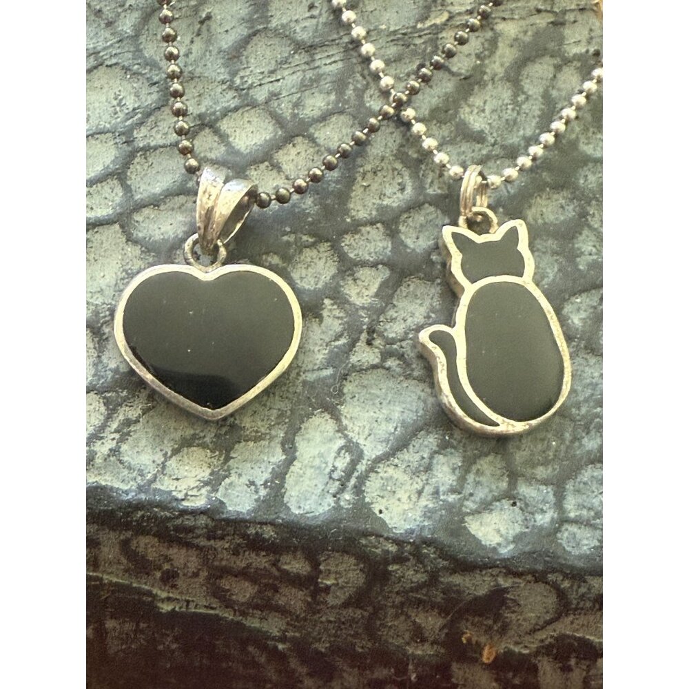 Sterling Silver & Onyx Cat & Heart Pendant Necklaces